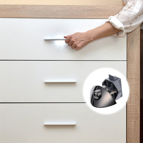 Front view of white cabinet with zinc alloy button lock; inset shows gunmetal press-release mechanism for wardrobe.