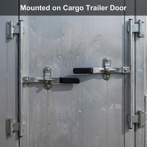 Durable 36 Inch Zinc Plated Cam Bar Latch for Trailers installed on cargo trailer door with rubber grip handle