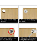 Installation process of six durable zinc alloy cam locks with 3/4 inch threads on a wooden cabinet for secure enclosure