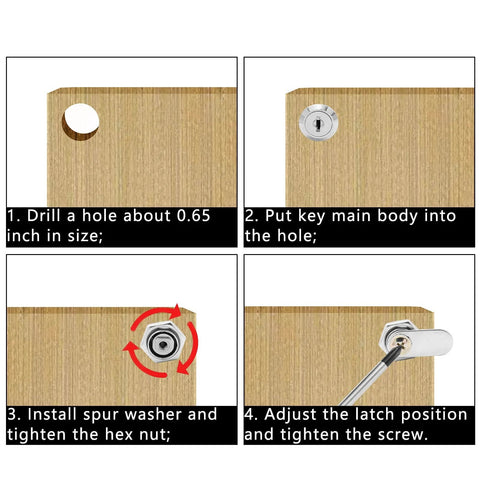 Installation process of six durable zinc alloy cam locks with 3/4 inch threads on a wooden cabinet for secure enclosure