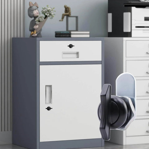 Two high quality zinc alloy thumb operated offset cam locks with T handle deliver secure quick access for cabinets and drawers.
