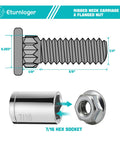 Diagram of ribbed neck carriage bolt with flanged nut, showing dimensions, 7/16 hex socket, part of the Carriage Bolts For Garage Door Tracks And Extension Ladders Set With Lock Nuts Zinc Plated Flat Head Bolts With Knurled Neck One Quarter By Three Quarters Inch 25 Sets Durable Rust Resistant Hardware For Secure Track Fittings set.