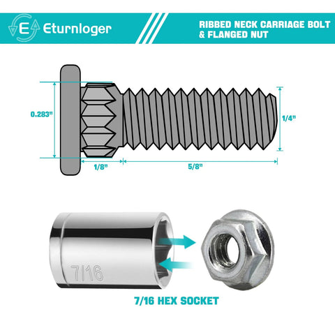 Diagram of ribbed neck carriage bolt with flanged nut, showing dimensions, 7/16 hex socket, part of the Carriage Bolts For Garage Door Tracks And Extension Ladders Set With Lock Nuts Zinc Plated Flat Head Bolts With Knurled Neck One Quarter By Three Quarters Inch 25 Sets Durable Rust Resistant Hardware For Secure Track Fittings set.