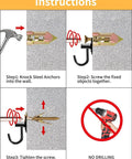 Installation instructions for 3 Sizes Self Drilling Drywall Anchors with Screws Kit, showing steps to secure anchors without drilling.
