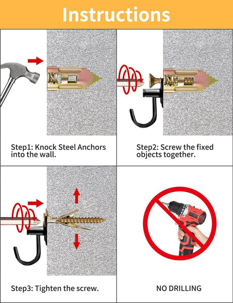 Installation instructions for 3 Sizes Self Drilling Drywall Anchors with Screws Kit, showing steps to secure anchors without drilling.