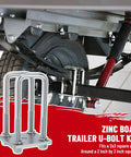 Heavy-duty 1/2 inch U bolts, 6 5/16 inch long, designed for 2x3 boat trailer axles and leaf springs; zinc-coated for corrosion resistance.