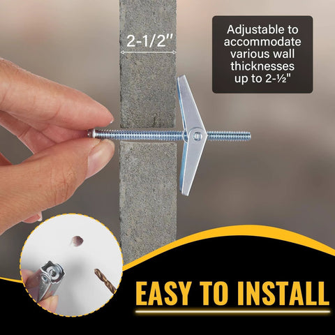 Demonstration of 28PCS Toggle Bolts, Wing Nuts, Heavy Duty Hollow Wall Anchors for 2-1/2 inch drywall adjusted installation