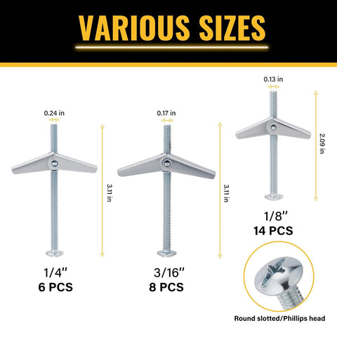 Diagram showing 28PCS Toggle Bolts, Wing Nuts, Heavy Duty Hollow Wall Anchors in 1/4", 3/16", 1/8" sizes with measurements for drywall ceiling use.