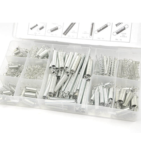 DIY Friendly 200 Piece Zinc Plated Steel Coil Spring Wire Set in open box with 20 sizes for extension and compression springs