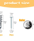Diagram showing #8 Zinc Self-Drilling Drywall Anchors and Screws Kit dimensions, including a quarter for size reference.