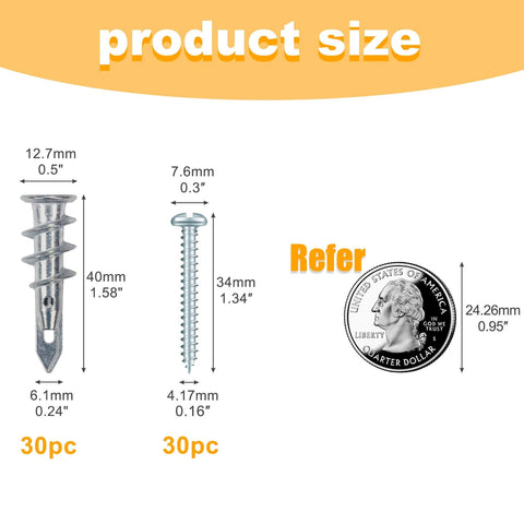 Diagram showing #8 Zinc Self-Drilling Drywall Anchors and Screws Kit dimensions, including a quarter for size reference.