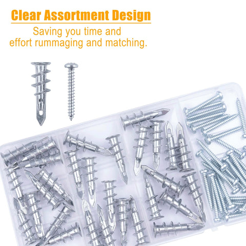 Clear assortment box with #8 Zinc Self-Drilling Drywall Anchors and Screws Kit, 60-Piece Set, showcasing various screws and anchors