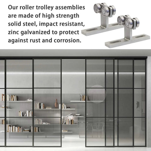 Heavy Duty Electric Hoist Installation Roller Wheel Trolley Compatible With All Strut Channels 1-5/8 Inch Wide And 1-5/8 Inch Thick Or Taller, 2 Pack, Zinc Galvanized Solid Steel Construction For Reliable Lifting displayed in a modern setting.