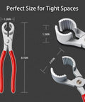 THP-1 Washer Hose Pliers Zinc Alloy Hose Clamp Tool with red handle shown in size illustration, perfect for tight spaces.