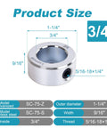 Heavy Duty 4 Piece 3/4 Inch Bore Shaft Collar Set Zinc Plated With Solid Steel Style And Secure Set Screws 1 1/4 Inch Outer Diameter And 9/16 Inch Width For Wheelbarrow Axles Gearboxes Machine Tools Industrial Equipment Or Any Precision Mounting. Product size and dimensions illustration.
