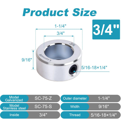 Heavy Duty 4 Piece 3/4 Inch Bore Shaft Collar Set Zinc Plated With Solid Steel Style And Secure Set Screws 1 1/4 Inch Outer Diameter And 9/16 Inch Width For Wheelbarrow Axles Gearboxes Machine Tools Industrial Equipment Or Any Precision Mounting. Product size and dimensions illustration.