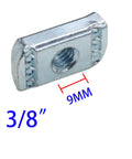 Thickened 3/8-16 strut channel nut with zinc plating, showing no-spring design and 9mm dimension for secure installation.