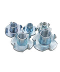 Front view of 4 Pronged T Nuts Assortment Kit 1/4-20 5/16-18 3/8-16 Zinc Plated Steel Tap In T Nuts for various uses.