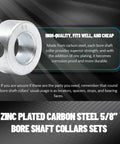 Eight-pack zinc plated carbon steel screw style shaft collars with 5/8 bore secure and locate components on rotating shafts
