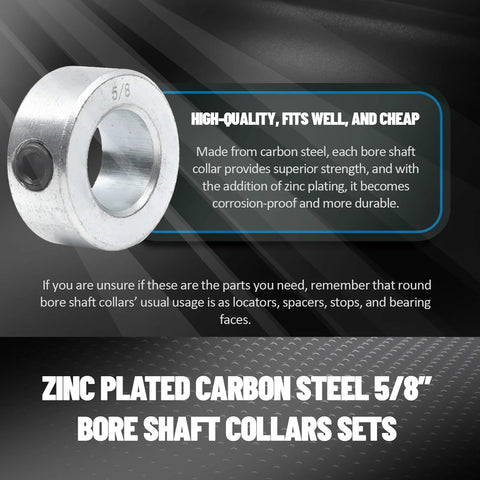 Eight-pack zinc plated carbon steel screw style shaft collars with 5/8 bore secure and locate components on rotating shafts