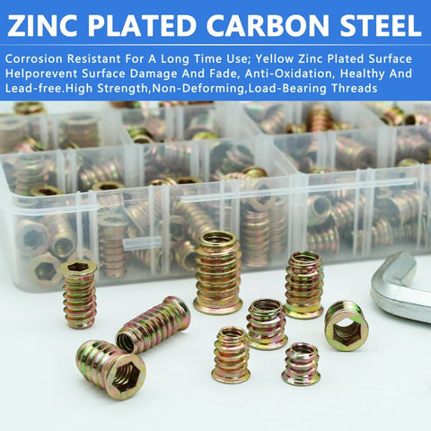 170 Piece Threaded Inserts Kit With 10 Sizes 1/4-20, 5/16-18, 3/8-16 displayed with zinc-plated steel and hex wrenches for wood repairs