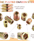 Zinc plated carbon steel inserts for wood, featuring smooth surface without burrs, from Wood Threaded Inserts Kit With Hex Wrench.