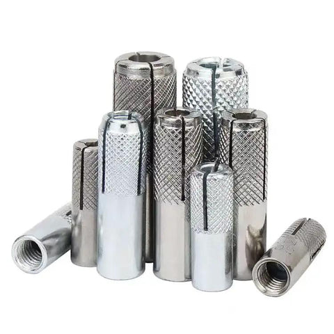Pro Grade Zinc Plated Concrete Drop In Anchors 20 Pack Knurled For Solid Concrete With Internal Forced Expansion Screws Quarter Inch By Twenty Thread Assortment showing side view