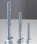 Three sizes of Wensilon 3/8" x 4" Zinc Plated Large Diameter Concrete Screw for Anchoring to Masonry, Brick, or Block.
