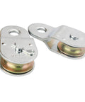 Zinc Plated Fixed Single Pulley Fixed Eye Steel Pulley 1-1/2" (2 Pack) showing front and side views with steel construction.