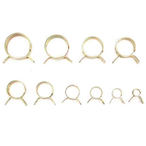 Zinc Plated Fuel Hose Clamp Kit 6 To 22 Millimeter Elastic Spring Hose Clamps for fuel lines and pipe connections shown from above.