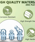 Three zinc-plated grease fittings with hex bases, front view