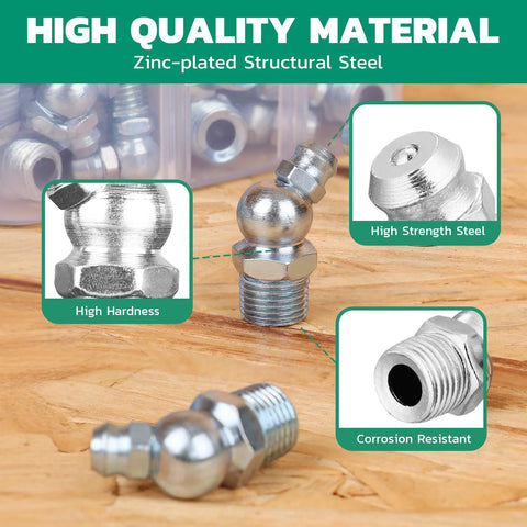 High quality zinc-plated structural steel grease fittings from 260-Piece Grease Fittings Kit For Grease Gun With SAE And Metric Zerk Fittings.