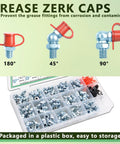 Premium Zinc Plated Steel Grease Fittings Kit With 120 Piece SAE And Metric Zerk Nipples and plastic caps in storage box