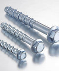 Three sizes of Wensilon 3/8" x 4" zinc plated large diameter concrete screws for anchoring to masonry, brick, or block (30 pcs) on white background.