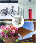 12 Pcs Wall Mount Pulley, 1-1/2" Ceiling Mount Pulley Fit 3/8" Wire Rope, Zinc Plated Removable Small Pulleys with Load 420 Lbs for Lifting shown in various applications like hanging bike, punching bag, flowers, and awnings