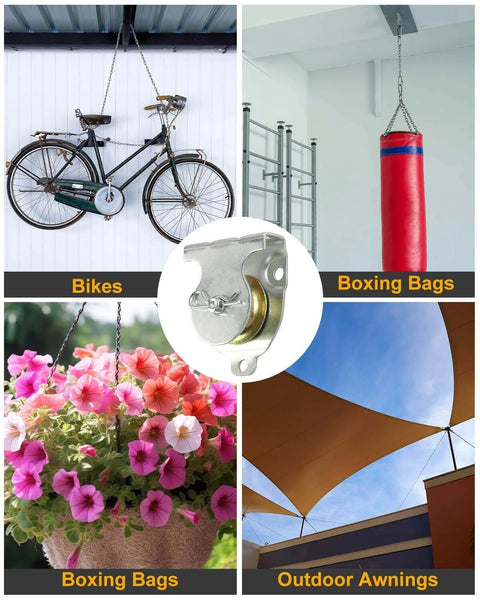 12 Pcs Wall Mount Pulley, 1-1/2" Ceiling Mount Pulley Fit 3/8" Wire Rope, Zinc Plated Removable Small Pulleys with Load 420 Lbs for Lifting shown in various applications like hanging bike, punching bag, flowers, and awnings