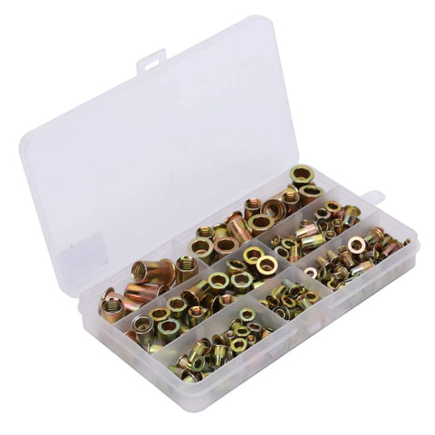160 Piece Pull Rivet Nut Set, Zinc Plated Carbon Steel Nutserts Kit in an open box showing mixed sizes M3 to M10