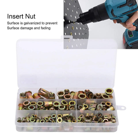 160 Piece Pull Rivet Nut Set, Zinc Plated Carbon Steel Nutserts Kit, Mixed Sizes M3 to M10 in plastic organizer box