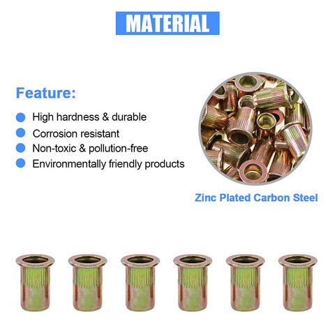 Flat Head Rivet Nut Set 100 Pcs Five Sixteenth Inch 18 UNC Zinc Plated Carbon Steel Rivet Nuts Threaded Inserts For Sheet Metal Fabrication And Auto Repair High Strength Work Hardened Finish Easy Install Yellow