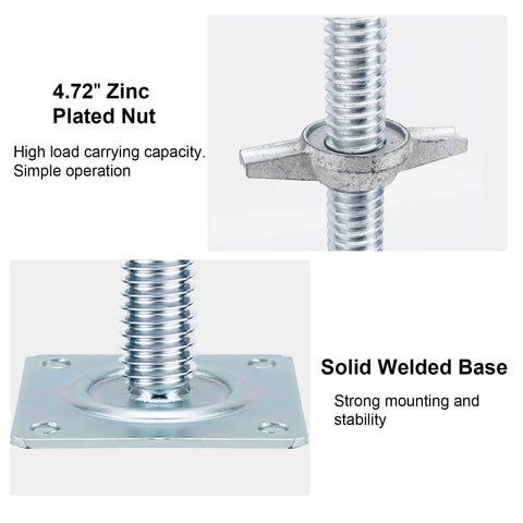 Adjustable Scaffold Leveling Jacks for Baker Style Scaffolding, 18 Inch Reach With 1.2 Inch OD Solid Screw Jacks, Galvanized Steel, showing zinc plated nut and welded base.