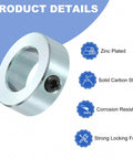 Zinc plated carbon steel set screw shaft collars with a 15/16 bore, 1-5/8 outside diameter and 9/16 inch thickness, product features