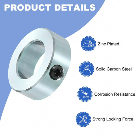 Zinc plated carbon steel set screw shaft collars with a 15/16 bore, 1-5/8 outside diameter and 9/16 inch thickness, product features