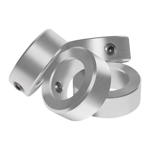 Zinc Plated Set Screw Shaft Collars, stainless steel finish, side view showing set screws for shaft clamping
