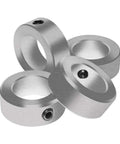 Zinc Plated Set Screw Shaft Collars in metal, showcasing multiple collars with set screws for shaft clamping and machinery use.