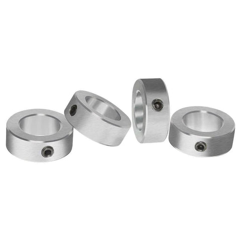 Zinc Plated Set Screw Shaft Collars in a set of four, showcasing circular design with visible set screws for securing shafts.