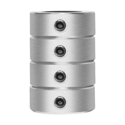 Stack of four zinc plated set screw shaft collars for machinery use, showing front view with visible screws for secure fitting.