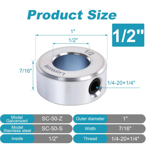 Diagram of Heavy Duty Four Pack 1/2 Inch Bore Shaft Collars Zinc Plated Set Screw 1/4-20 Carbon Steel with dimensions