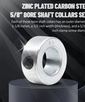 Eight-pack zinc plated carbon steel screw style shaft collars with 5/8 bore on display, showing 1-1/8 OD, 1/2 width, 5/16-18 clamp screw.