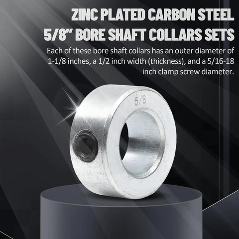 Eight-pack zinc plated carbon steel screw style shaft collars with 5/8 bore on display, showing 1-1/8 OD, 1/2 width, 5/16-18 clamp screw.
