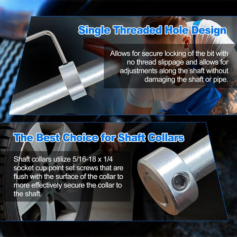 Single threaded hole design on heavy duty built to last eight pack five eighths bore zinc plated carbon steel shaft collars set screw style.